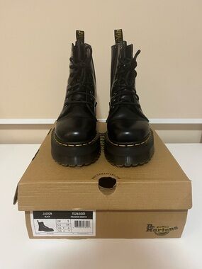 Dr. Martens Black Platform Jadon Lace-Up Boots with Yellow Stitching